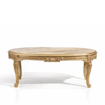 Distinguished Armando Rho A1351 coffee table with green onyx and sculpted gold leaf finished wood frame