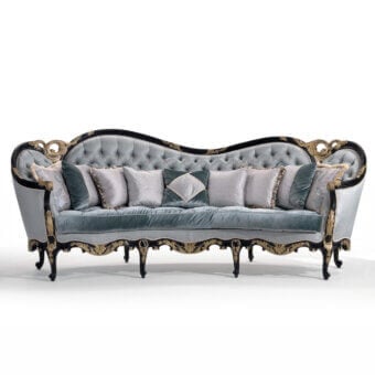 Lavish Armando Rho A1383 sofa with light grey quilted textile, teal cushions and black distressed wood with antique silver leaf detailing