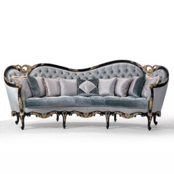 Exquisite Armando Rho A1383 sofa crafted in muted teal and silver-grey textiles with quilted detailing and black distressed finish