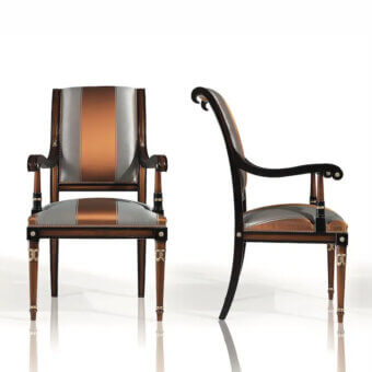 Elegant Armando Rho 1175 chair crafted with maple and ebony, upholstered in gray, brown, and beige striped textile with a glossy finish