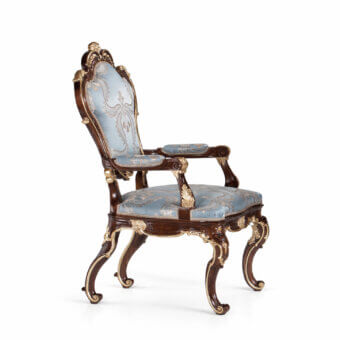 Superior Armando Rho 1200 chair with solid walnut wood frame and floral textile in blue, cream, gold with gold leaf accents
