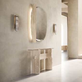 Exclusive Arte Veneziana Barco console in warm beige travertine marble with luminous extra-clear glass and delicate Miage finish