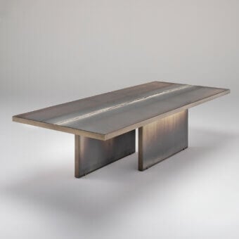 Elegant Arte Veneziana Belvedere table with a sculpted metal base and luminous Roddi glass top crafted in a burnished brass finish