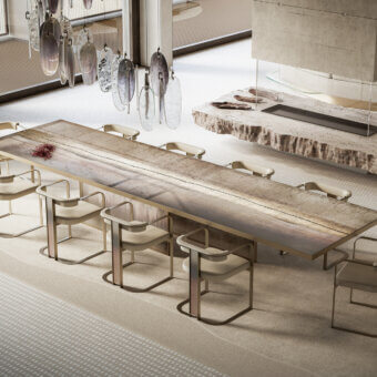 Elegant Arte Veneziana Belvedere table with a Roddi glass top and burnished brass metal base crafted in the Neive finish
