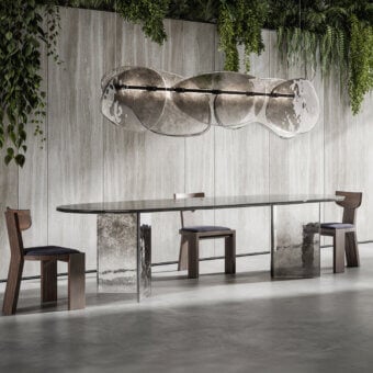 Distinctive Arte Veneziana Bisatello table with baked glass surface and silvered degradé finish transitioning from lead grey to crystal transparency