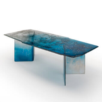 Exceptional Arte Veneziana Bisato table crafted from baked glass with blue to crystal gradient varnish and silvering