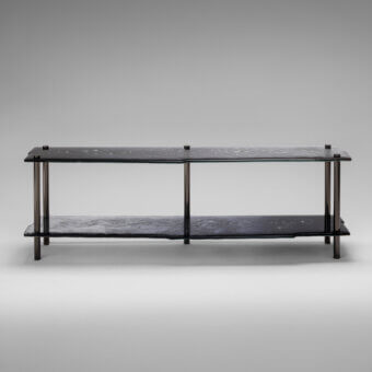Superior Arte Veneziana Canocia console crafted with baked glass exhibiting a degradé from midnight blue to crystal transparency with a polished nickel frame
