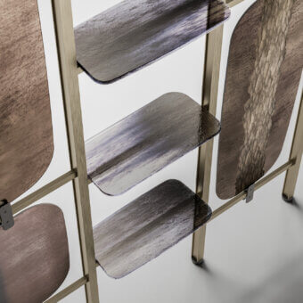 Captivating Arte Veneziana Cru room divider built with burnished brass metal and muted purple-brown gradient tempered glass panels
