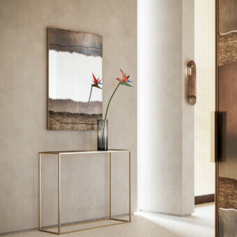 Superior Arte Veneziana Fenestra mirror built with wood and burnished brass, displaying antique, Roddi, and silver casting finishes