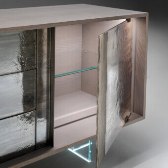 Lavish Arte Veneziana Giarada sideboard crafted with pearl grey ash wood and Barbaresco, Roddi tempered glass doors with silver casting details