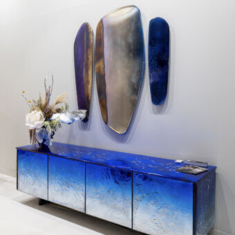 Lavish Arte Veneziana Luna mirror with partially baked, engraved glass in delicate shades of blue and silver with antiquing