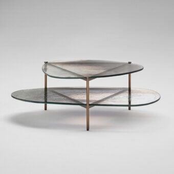 Distinguished Arte Veneziana Medardo coffee table with burnished brass metal and rippled tempered glass tops in Barbaresco finish