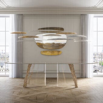 Exceptional Arte Veneziana Mont Blanc table with extra-clear tempered glass and gracefully curved light brown wood crafted in Italy with Miage finish