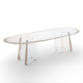 Elegant Arte Veneziana Mont Blanc table with extra-clear tempered glass and gracefully curved legs in Miage finish
