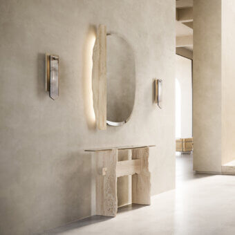 Captivating Arte Veneziana Nerola mirror with bevelled silvered edge, extra-clear glass and creamy beige travertine marble built with integrated lighting