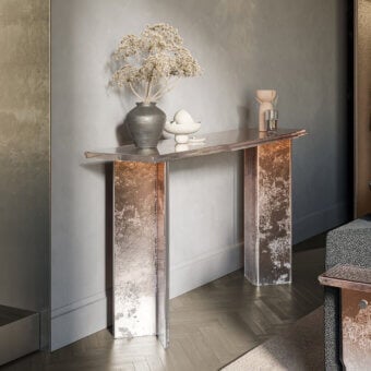 Stunning Arte Veneziana Paganelo console crafted from molten Murano glass with bronze to transparent gradient varnish and partial silvering