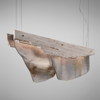 Refined Arte Veneziana Romano suspension lamp with extra-clear glass panels and travertine marble structure secured with satin-finish steel fasteners