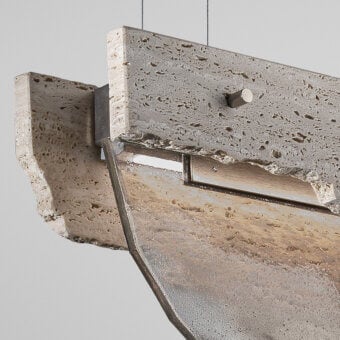 Elegant Arte Veneziana Romano suspension lamp with extra-clear glass panels and warm travertine marble structure crafted with Fondale finish