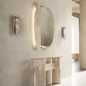 Architectural Arte Veneziana Sabina wall lamp crafted with travertine marble and extra-clear baked glass in warm beige with mixed Fondale finish
