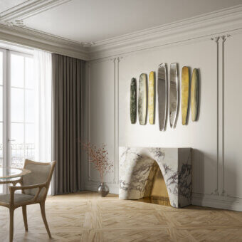 Distinguished Arte Veneziana Scorci Verticali mirror crafted with extra-clear baked glass and a matte black lacquered wood structure in Etna finish