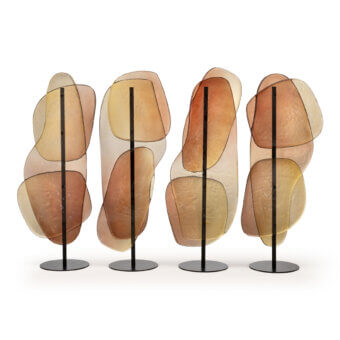 Superior Arte Veneziana Sfogio room divider with layered panels in bronze and yellow ochre baked glass and matt black lacquered metal structure