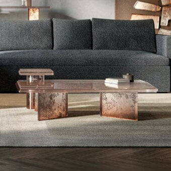 Exclusive Arte Veneziana Soazo coffee table crafted in molten glass with bronze to transparent degradé finish and unique mottled texture