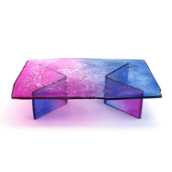 Superior Arte Veneziana Soazo coffee table crafted in layered molten glass with pink to blue degradé and partial back silvering
