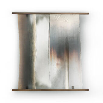 Exceptional Arte Veneziana Trezzo mirror crafted with burnished brass and sliding baked glass in Roddi, Barbaresco finishes