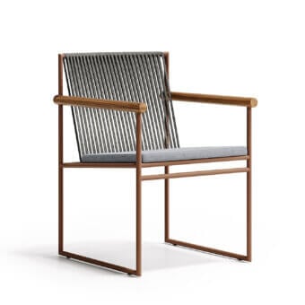 Exceptional Atmosphera Pipe armchair with terracotta epoxy-coated steel, gray and white striped acrylic cords, and natural teak armrests