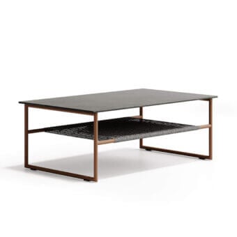 Superior Atmosphera Pipe coffee table with terracotta steel framing and a dark stoneware gres tabletop built with a woven grey rope undertop