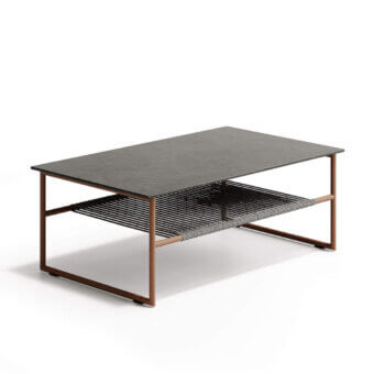 Elegant Atmosphera Pipe coffee table with terracotta powder-coated steel and dark gray gres stoneware, crafted with a hand-woven grey rope undertop