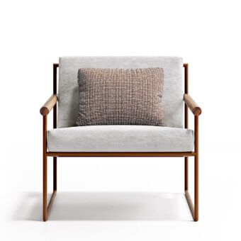 Captivating Atmosphera Pipe lounge chair with terracotta epoxy-coated steel, cylindrical teak armrests and hand-woven acrylic cord backrest