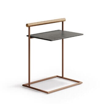 Distinguished Atmosphera Pipe side table with terracotta steel frame and durable gres stoneware top crafted with an integrated teak handle