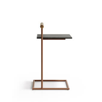 Exceptional Atmosphera Pipe side table with gres stoneware tabletop and terracotta-finished steel frame built with a teak handle