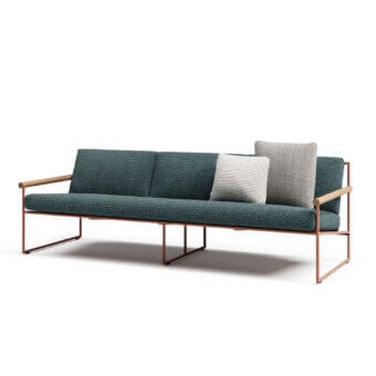 Distinguished Atmosphera Pipe sofa with terracotta epoxy-coated steel, teal-green textile upholstery and hand-woven backrest