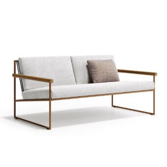 Superior Atmosphera Pipe sofa with terracotta epoxy-coated steel, light gray textile and hand-woven acrylic cord backrest