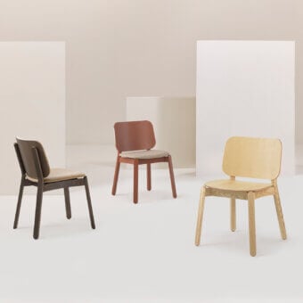Elegant Billiani Babà dining chair in reddish-brown wood with neutral beige upholstered seat and smooth finish