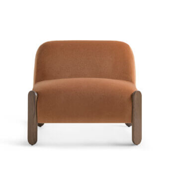 Exceptional Billiani Babà Soft lounge chair with warm brown textile upholstery and subtly textured wooden legs
