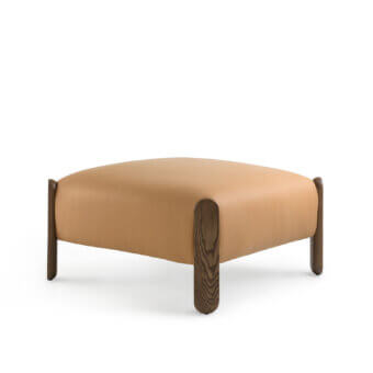 Elegant Billiani Babà Soft ottoman with warm tan textile upholstery and gently rounded wood frame