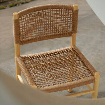 Refined Billiani Harry’s chair crafted from Iroko or Ashwood with Mediterranean hand-woven cord in natural beige tones and a curved silhouette