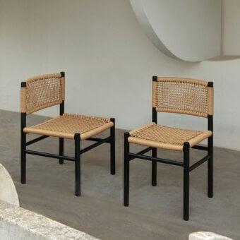 Distinguished Billiani Harry’s chair crafted from Iroko or Ashwood with a matte black metal frame and warm beige hand-woven cord seat