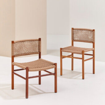 Distinguished Billiani Harry’s dining chair built with Iroko or Ashwood in a satin finish and light beige hand-woven cord