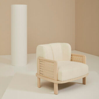 Sophisticated Billiani Raquette lounge chair with natural wood frame and woven cream-colored textile construction