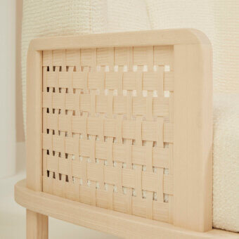Elegant Billiani Raquette lounge chair with woven pale beige panel and smooth satin-finished solid wood construction