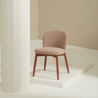 Distinguished Billiani Spy dining chair in muted beige textile with warm reddish-brown wood and satin finish