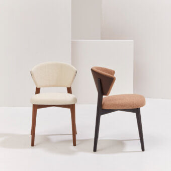 Sophisticated Billiani Stella dining chair with light beige textured textile upholstery and reddish-brown wood finish