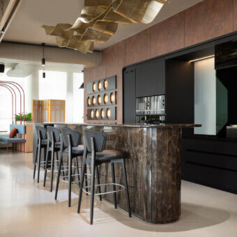 Exceptional Billiani Stella bar stool with dark wood frame and fully upholstered black seat crafted in Italy