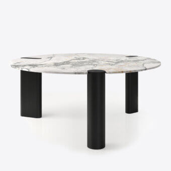 Superior Black Tie Amoris table crafted from precious marble and quartzite with polished white, gray, and gold veining and dark matte legs
