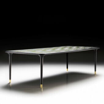 Distinguished Black Tie Caius table crafted in Italy with dark satin-finished wood and mottled green-yellow beneath a translucent top