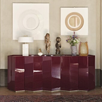 Distinguished Black Tie Gemma sideboard crafted in Italy with a high-gloss finish and captivating burgundy faceted surfaces